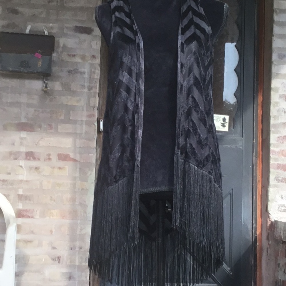 Black shawl wrap with  high low fringe.  M to L
